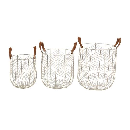 CosmoLiving by Cosmopolitan Silver Metal Storage Basket with Faux Leather Handles Set of 3 16", 14